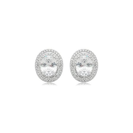 Brinco de base oval cravejado de zircônia cristal banho em ródio branco
