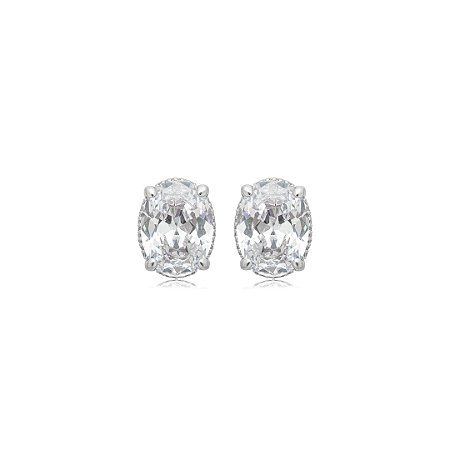 Brinco de base oval cravejado de zircônia cristal banho em ródio branco