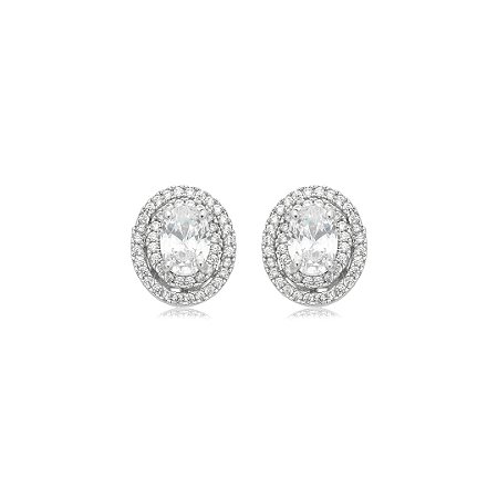 Brinco de base oval cravejado de zircônia cristal banho em ródio branco
