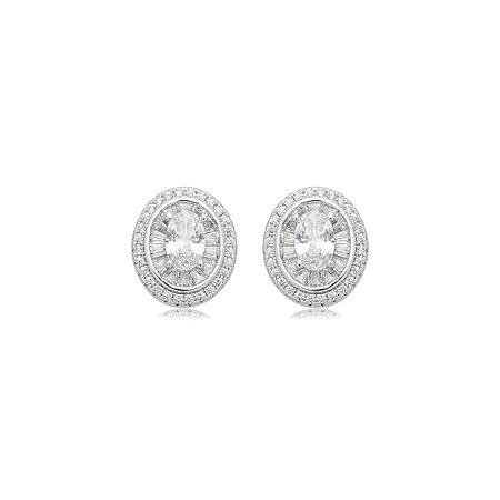 Brinco de base oval cravejado de zircônia cristal banho em ródio branco