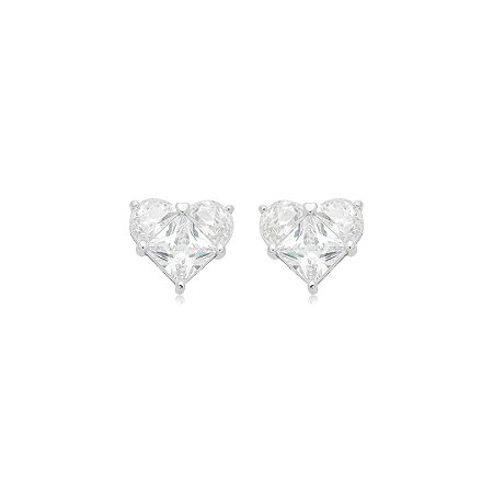 Brinco de coração cravejado de zircônia cristal banho em ródio branco