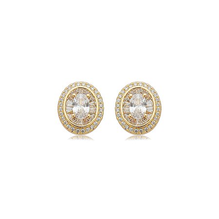 Brinco de base oval cravejado de zircônia cristal banho em ouro 18k