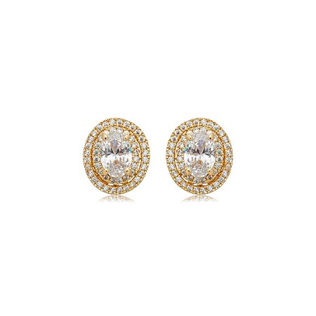 Brinco de base oval cravejado de zircônia cristal banho em ouro 18k