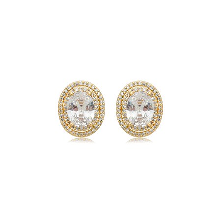 Brinco de base oval cravejado de zircônia cristal banho em ouro 18k