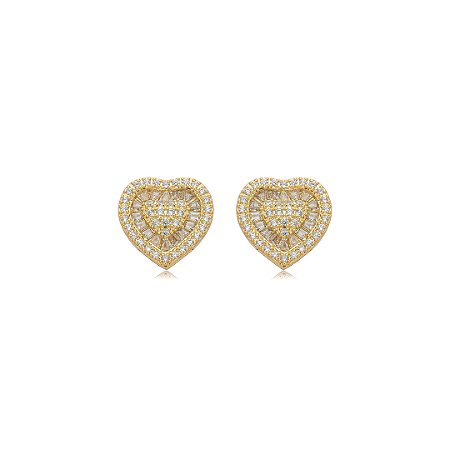 Brinco de coração cravejado de zircônia cristal banho em ouro 18k