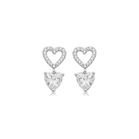 Brinco de coração cravejado de zircônia cristal banho em ródio branco