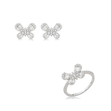 Conjunto de brinco e anel cravejado de zircônia cristal banho em ródio branco