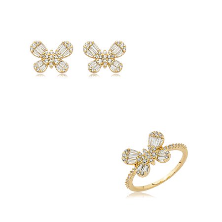 Conjunto de brinco e anel cravejado de zircônia cristal banho em ouro 18k