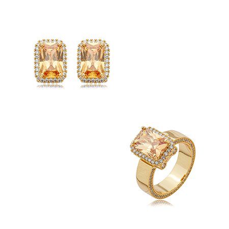 Conjunto de brinco e anel cravejado de zircônia morganita banho em ouro 18k