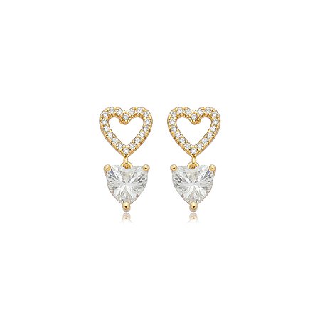 Brinco de coração cravejado de zircônia cristal banho em ouro 18k