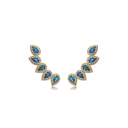 Brinco ear cuff cravejado de zircônia safira banho em ouro 18k