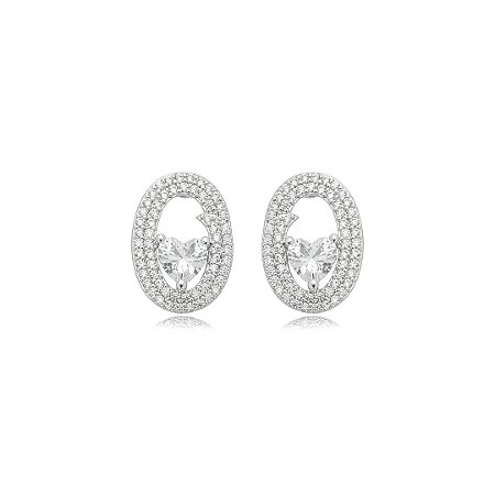 Brinco de coração cravejado de zircônia cristal banho em ródio branco