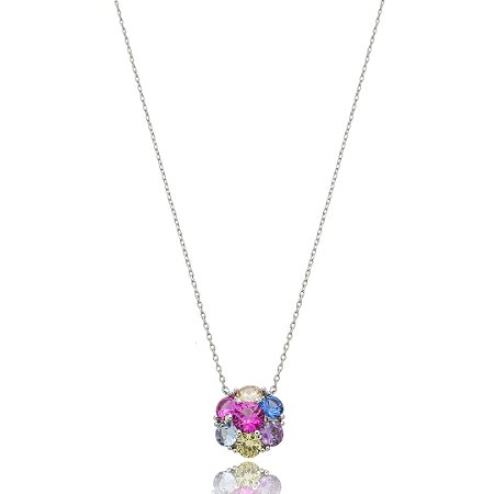 Colar com pingente cravejado de zircônia rainbow banho em Ródio branco