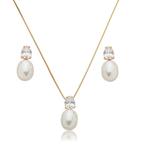 Conjunto de brinco e colar de pérola banho em ouro 18k