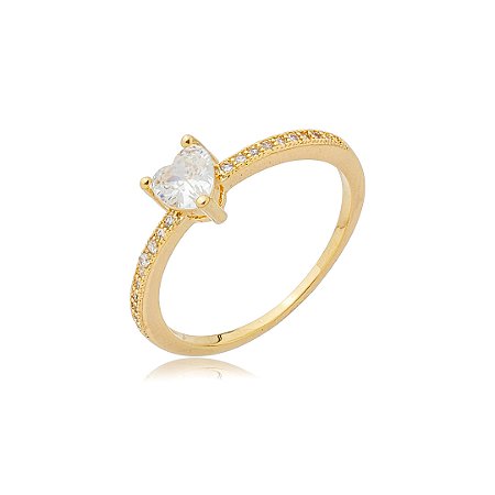 Anel dourado de coração cravejado de zircônia cristal banho em ouro 18k
