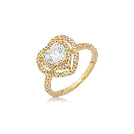 Anel dourado de coração cravejado de zircônia cristal banho em ouro 18k