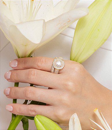 Dupla de anéis cravejados de zircônia cristal banho em ouro 18k