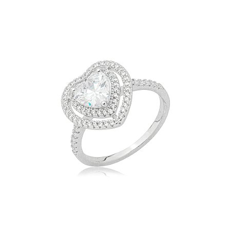 Anel de coração cravejado de zircônia cristal banho em ródio branco