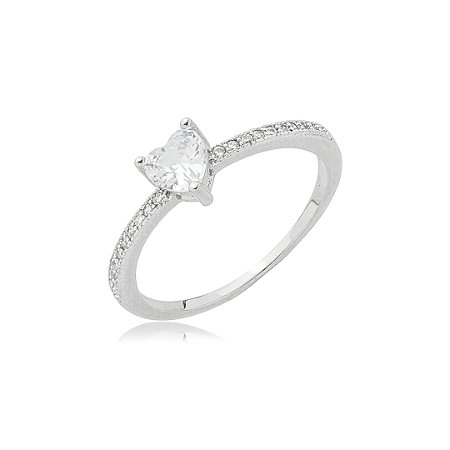 Anel de coração cravejado de zircônia cristal banho em ródio branco
