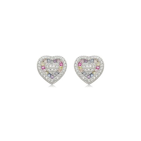 Brinco de coração cravejado de zircônia rainbow banho em ródio branco