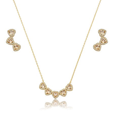 Conjunto de brinco e colar de coração cravejado de zircônia morganita banho em ouro 18k