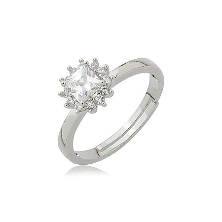 Anel cravejado de zircônia cristal banho em Ródio branco