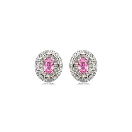Brinco de base oval cravejado de zircônia pink e cristal banho em ródio branco