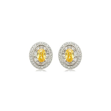 Brinco de base oval cravejado de zircônia yellow fancy e cristal banho em ródio branco
