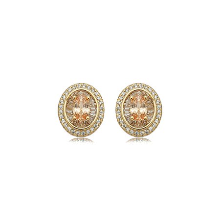 Brinco de base oval cravejado de zircônia citrino e cristal banho em ouro 18k