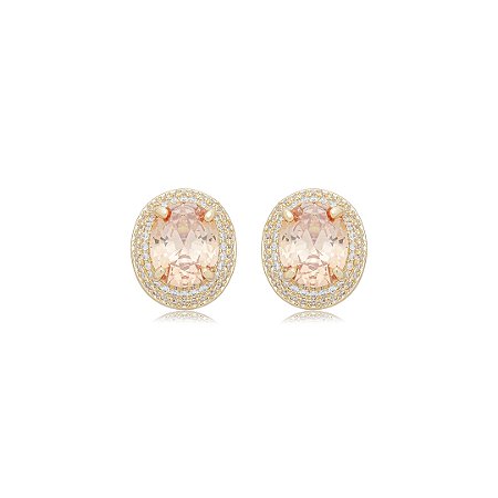 Brinco de base oval cravejado de zircônia citrino e cristal banho em ouro 18k