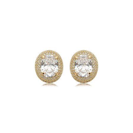 Brinco de base oval cravejado de zircônia cristal banho em ouro 18k