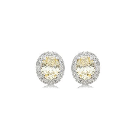 Brinco de base oval cravejado de zircônia yellow fancy e cristal banho em ouro 18k