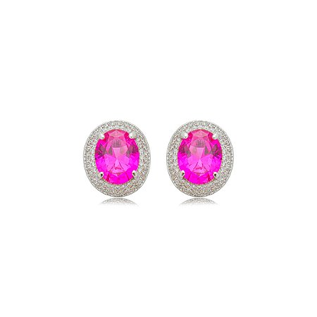 Brinco de base oval cravejado de zircônia pink e cristal banho em ródio branco