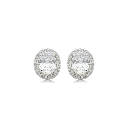 Brinco de base oval cravejado de zircônia cristal banho em ródio branco