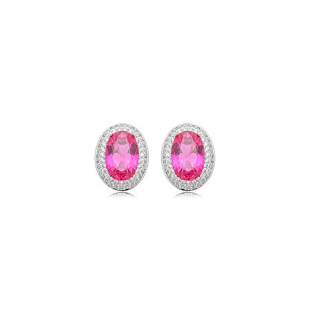 Brinco de base oval cravejado de zircônia pink e cristal banho em ródio branco