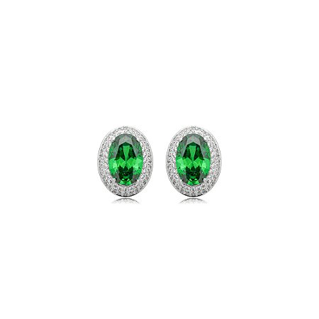 Brinco de base oval cravejado de zircônia esmeralda e cristal banho em ródio branco