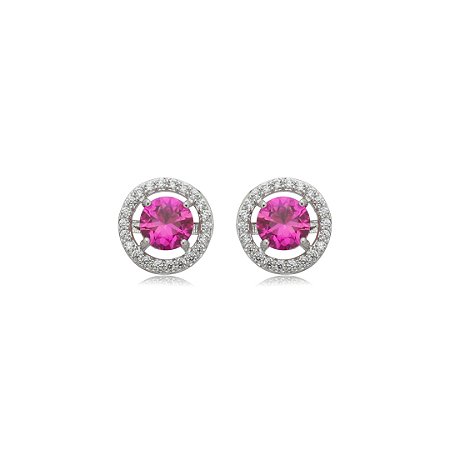 Brinco de base redondo cravejado de zircônia pink e cristal banho em ródio branco