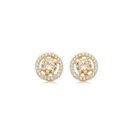 Brinco de base redondo cravejado de zircônia citrino e cristal banho em ouro 18k