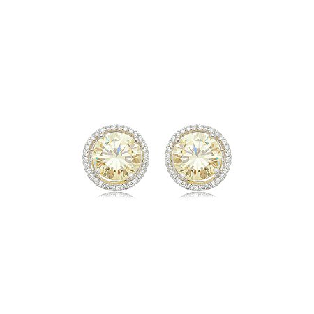 Brinco de base redondo cravejado de zircônia yellow fancy e cristal banho em ródio branco