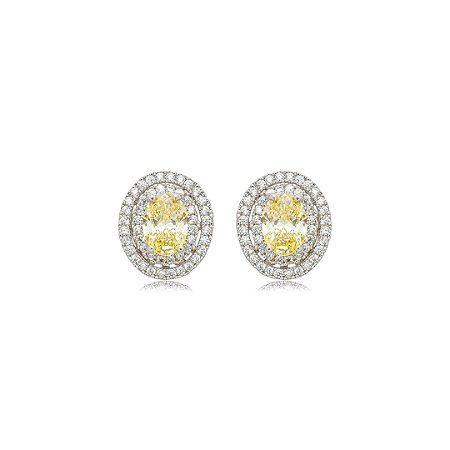 Brinco de base oval cravejado de zircônia yellow fancy e cristal banho em ródio branco