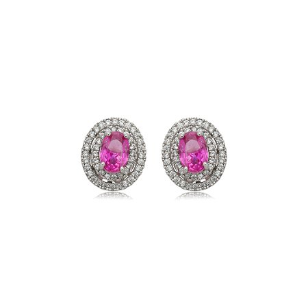Brinco de base oval cravejado de zircônia pink e cristal banho em ródio branco
