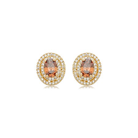 Brinco de base oval cravejado de zircônia granada e cristal banho em ouro 18k