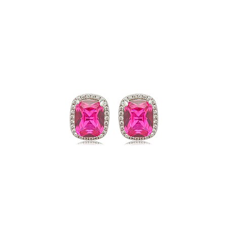 Brinco de base cravejado de zircônia pink e cristal banho em ródio branco