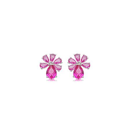 Brinco de base cravejado de zircônia pink banho em ródio branco