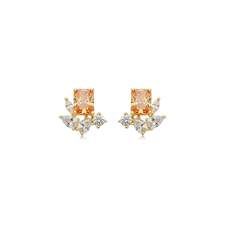 Brinco de base cravejado de zircônia citrino e cristal banho em ouro 18k