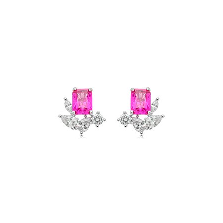 Brinco de base cravejado de zircônia pink e cristal banho em ródio branco