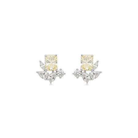 Brinco de base cravejado de zircônia yellow fancy e cristal banho em ródio branco