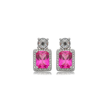 Brinco de base cravejado de zircônia pink e cristal banho em ródio branco