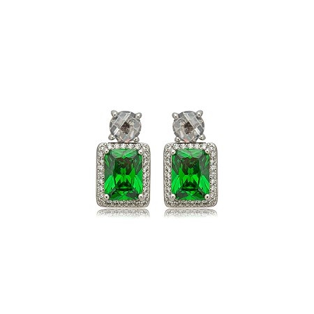 Brinco de base cravejado de zircônia esmeralda e cristal banho em ródio branco