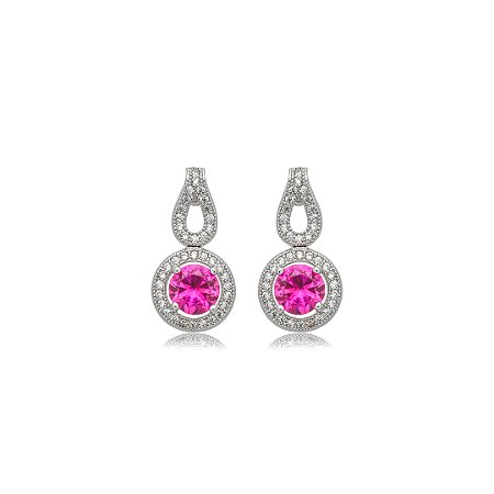 Brinco cravejado de zircônia pink e cristal banho em ródio branco